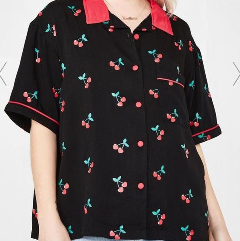 Lazy Oaf Womens Multicolor Cherry Print Short Sleeve Button Top Size Small